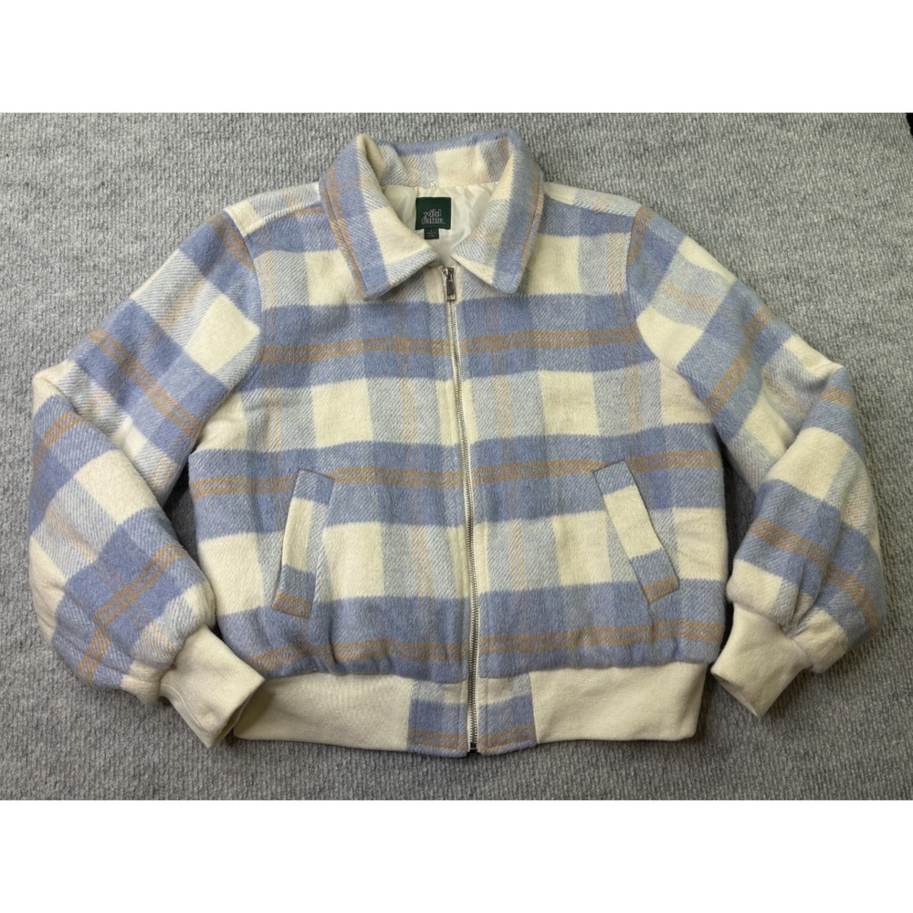 Wild Fable Womens L Blue Cream Plaid Bomber Jacket Wool Blend Zip Cropped